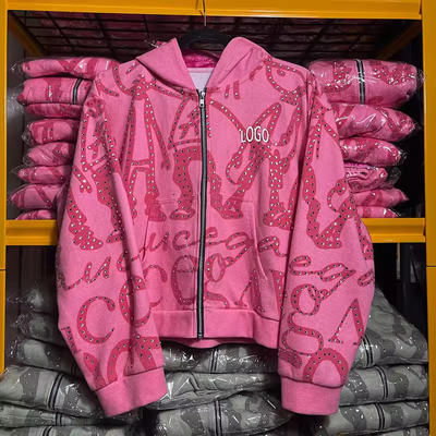 Fabricante personalizado de sudaderas con capucha con cremallera y forro de gofre streetwear, corte holgado y corto, ajuste extragrande, felpa francesa, con pedrería para hombre