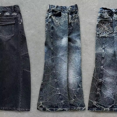 İyi bir fiyat. Yüksek Kaliteli Kot Pantolon Yıkama Taşlı İşlemeli Yama Yırtık Stil Sokak Giyim Geniş Paça Flare Yığılmış Kot Pantolon çevrimiçi