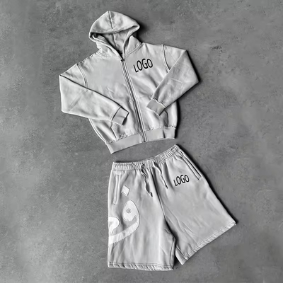 Un buen precio. Chándales con apliques bordados personalizados con cremallera de 500 GSM, conjunto de dos piezas con sudadera con capucha, sudaderas y conjunto de pantalones cortos para hombre en línea