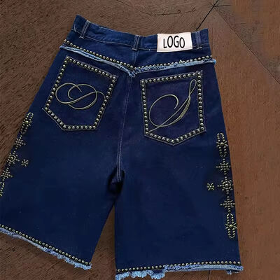 Giá tốt. Quần short denim rách gấu Y2K Casual Vintage Streetwear Tùy chỉnh Baggy Vintage Wash Straight Leg Đính đá Rhinestone cho Nam trực tuyến