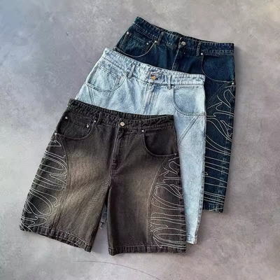 Bom preço. Jorts Jeans Vintage Cintura Baixa Patchwork Bordado Shorts Streetwear Casual Hip Hop Estilo Verão Jorts de Malha Personalizáveis on-line