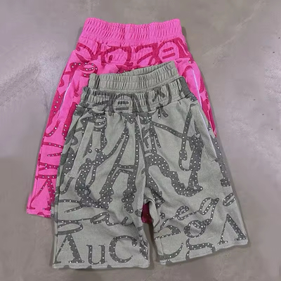 Bom preço. Moda OEM Shorts com Dupla Cintura e Strass Capri Calças Curtas Streetwear Estampagem de Tela Algodão de Alta Qualidade Preço Baixo Personalizado on-line