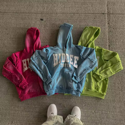 Hoodie Streetwear Custom Distressed Embroidery Patch Zip up Oversized Hoodie French Terry Rhinestone Hoodie Manufacturers