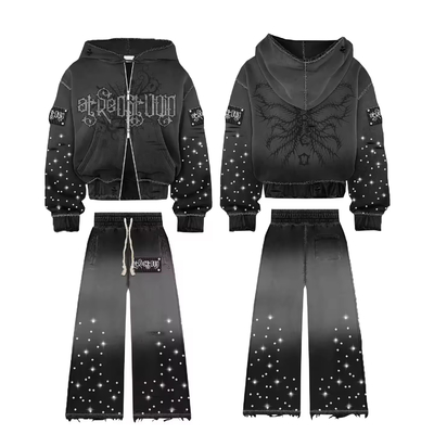 İyi bir fiyat. Özel Asit Yıkanmış Vintage Kapüşon Spor pantolonları 2 Parça Set Sokak Giysileri Rhinestone Kapüşon Koşucular Set Ter Pantolonlar Spor takım elbiseleri Erkekler çevrimiçi