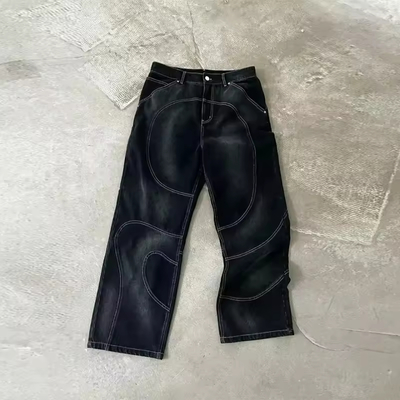 Custom Button Fly Embroidery Denim Washed Vintage Jeans Heavyweight Joggers Streetwear Manufacturers