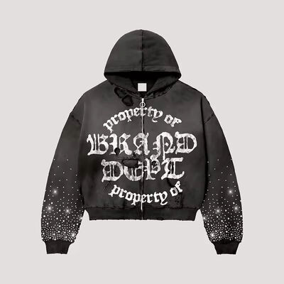 Goede prijs. OEM Zipper Screen Print Drawstring Hoodie Retro Travel Rhinestone Park Vintage Acid Washed Boxy Oversized Destroyed Hoodie Mannen online