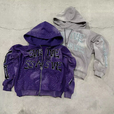 Goede prijs. Custom Fashion Streetwear Zonnevervaagde Zware katoen Vintage Zuur gewassen Zip up Oversized Boxy Fit Rhinestone Hoodie Fabrikanten online