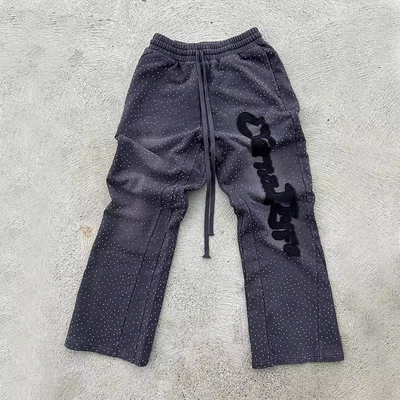 İyi bir fiyat. Özel Ter Pantolon Strass Flare Baggy Joggers nakış logosu Sıkıntılı Güneş Solmuş Asit Yıkama Track Pantolonlar Erkekler İçin Ter Pantolonlar çevrimiçi