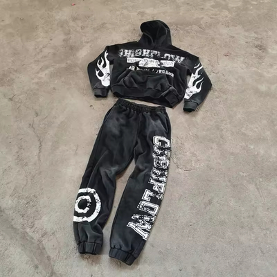 Custom Logo Cropped Hoodies Applique Embroidered Patches Jogging Sweatsuits Acid Wash Tracksuits Jogger Sweatpants Men Set