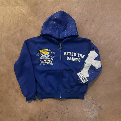 Goede prijs. Custom blauwe borduurwerk patch zuur wassen Vintage Jacket Distressed Strass Zip Up Hoodie Fabrikanten online