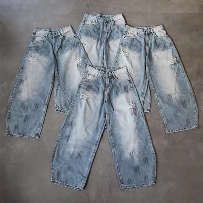 Custom Loose Fit Denim Wide Leg Jeans Fashion Washed Baggy Streetwear Distressed Y2k Light Blue Denim Jeans