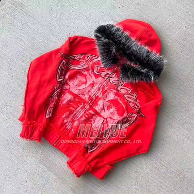 Custom Hoodie Acid Wash Vintage Digital Print Distress Hoodie Drop Shoulder Removable Fur Collar Hooded Hoodie Men