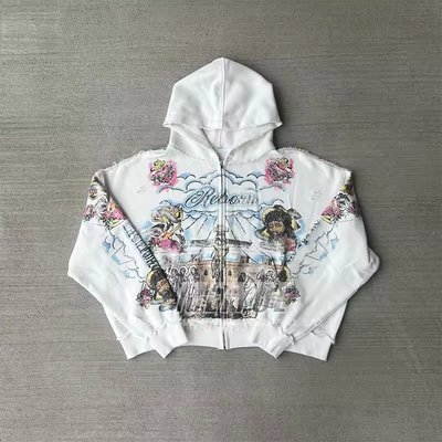 Custom Vintage Retro Zipper Dtg Print logo Distressed Hidden Zip up Hoodie French Terry Digital Hoodie Men Streetwear Hoodie