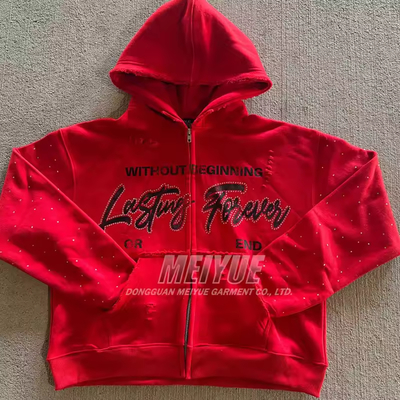 Custom Vintage Acid Wash Zip up French Terry Hoodie Men Embroidery Rhinestone Hoodie Patchwork Distress Oversize Hoodie