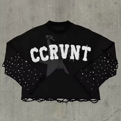 Clothing Manufacturers Custom Double Layer Long Sleeve Distressed Embroidery logo Rhinestone t Shirts Acid Washed Vintage Tshirt