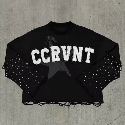 Dobra cena. Producenci odzieży Niestandardowa podwójna warstwa długi rękaw w trudnej sytuacji logo haftowe rhinestone t koszule kwaśne koszulki vintage Tshirt w Internecie