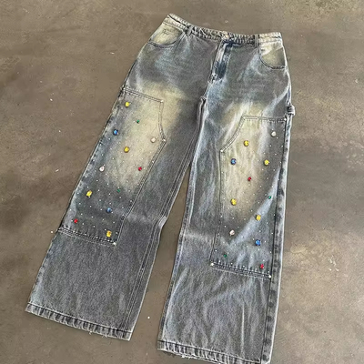 Goede prijs. Aangepaste strass wide been diamant denim broek fabrikant vintage noodlijdende oversized wassen spijkerbroek streetwear baggy denim jeans online