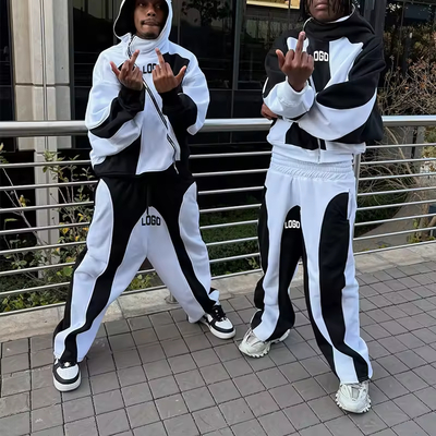 Ein guter Preis. Benutzerdefinierte zweiteilige Streifen Reißverschluss Baumwoll Fleece Hoodie Trackhosen Set Custom Patchwork Leichtes Hoodie Set Tracksuit Online