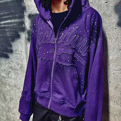Hoodies Manufacturers Custom Acid Washed Zip up Hoodie Rhinestone Boxy Oversized Hoodie Streetwear Men