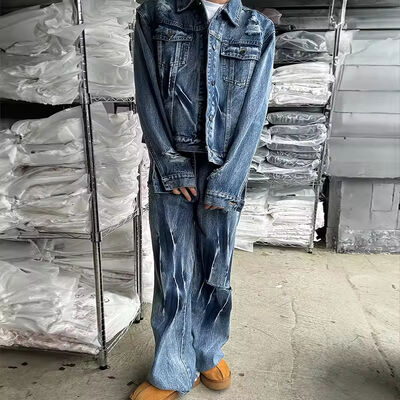 Καλή τιμή. Προσαρμοσμένοι άνδρες boxy fit χύμα denim tracksuit για άνδρες μόδα jean work jacket set oem casual streetwear βαμβακερή διαδρομή σε απευθείας σύνδεση