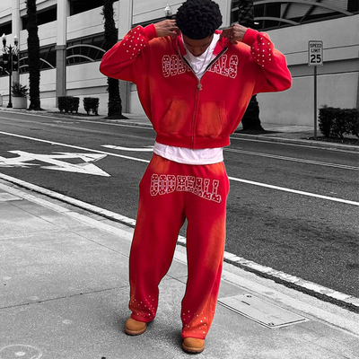 Goede prijs. Acid Wash Vintage Tracksuit Custom Regitone Borduurwerk Boxy Fit opgebroken Zip Up Hoodies Flared Baggy Heatpants en Hoodie Set online
