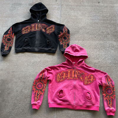 قیمت خوب لباس های سفارشی Hiphop Streetwear Hiptage Acid Hoodies French French French Zip Up Hoodies Printies Prinking Rhinestone Men's Cropped Hoodie آنلاین