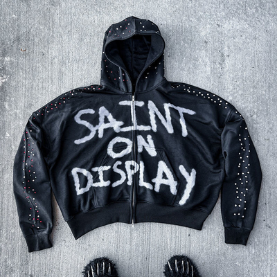 Un buen precio. Fabricantes de sudadera con capucha impresos personalizados para hombres con capucha de diamantes de imitación de imitación francesa 450 GSM de sudadera de gran tamaño en línea