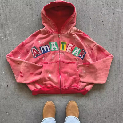 Custom Y2K Style Acid Wash Sun Faded Hoodie Zip up Streetwear Premium Hoodie Rhinestone logo Unisex Cropped Oversized Hoodie