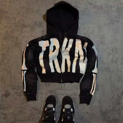 شعار مخصص التطريز التطريز مقصود على هوديس طباعة حجر الراين الأسود للرجال zip up الفرنسية تيري هوديس مضلع
