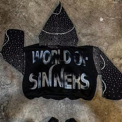 Custom All Over Rhinestone Printing Hoodies men's Streetwear Acid Wash Letter Graphic Hoodies Cropped Pullover Black Hoodies