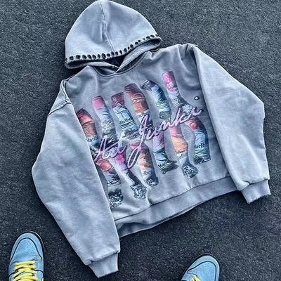 Custom Distressed Designer Heavyweight Hoodies Screen Print Graphic Pullover Hoodies for Men Ribbed Hem Oversized Crop Hoodies