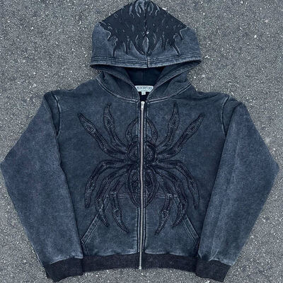 ราคาดี การนูนกราฟิคซิป Hoodies สำหรับผู้ชายเฮฟวี่เวทฝ้ายขนแกะ Hoodies 450GSM โบราณกรด Wash Wash Hoodies Hoodies ออนไลน์