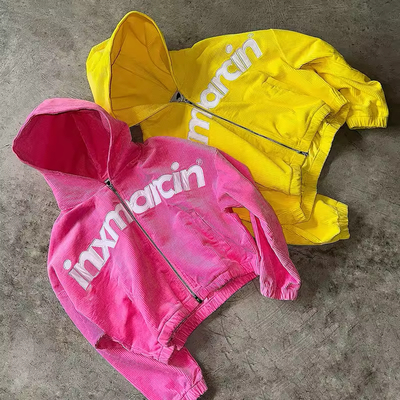 Ein guter Preis. Custom Broderie Graphisch geschnitten Hoodies Schwergewichts Corduroy Reißverschluss Vintage Mode Hoodies Ziehseile Hem Boxy Hoodies Online