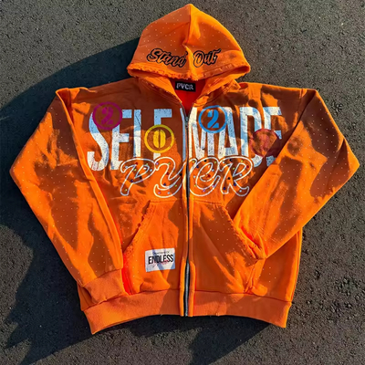 Custom Embroidery Ripped Screen Print logo Zip up Hoodies Unisex Rhinestone Heavyweight Hoodies Organic Cotton Boxy Fit Hoodies