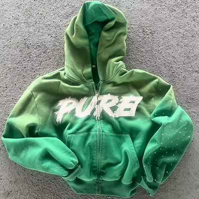 Custom logo Applique Embroidery Hoodie Rhinestone Print Acid Wash Sun Faded Hoodie with Side Pocket Heavyweight Boxy Fit Hoodie
