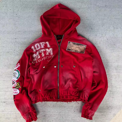 Custom Vintage Distressed Cropped Hoodie Embroidery Patch Ripped Screen Print Graphic Hoodie 400gsm Washed Print Hoodie for Men