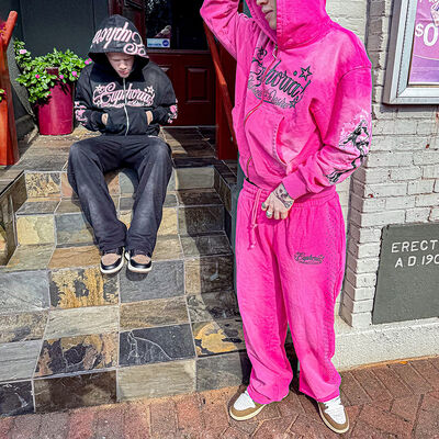 Good price Custom Acid Washed Unisex Streetwear Tracksuit with Embroidery Graphic and Rhinestone Details online