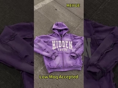 Sweats à capuche avec fermeture éclair en relief 3D personnalisés, lavage à l'acide, broderie appliquée, strass pour hommes, streetwear